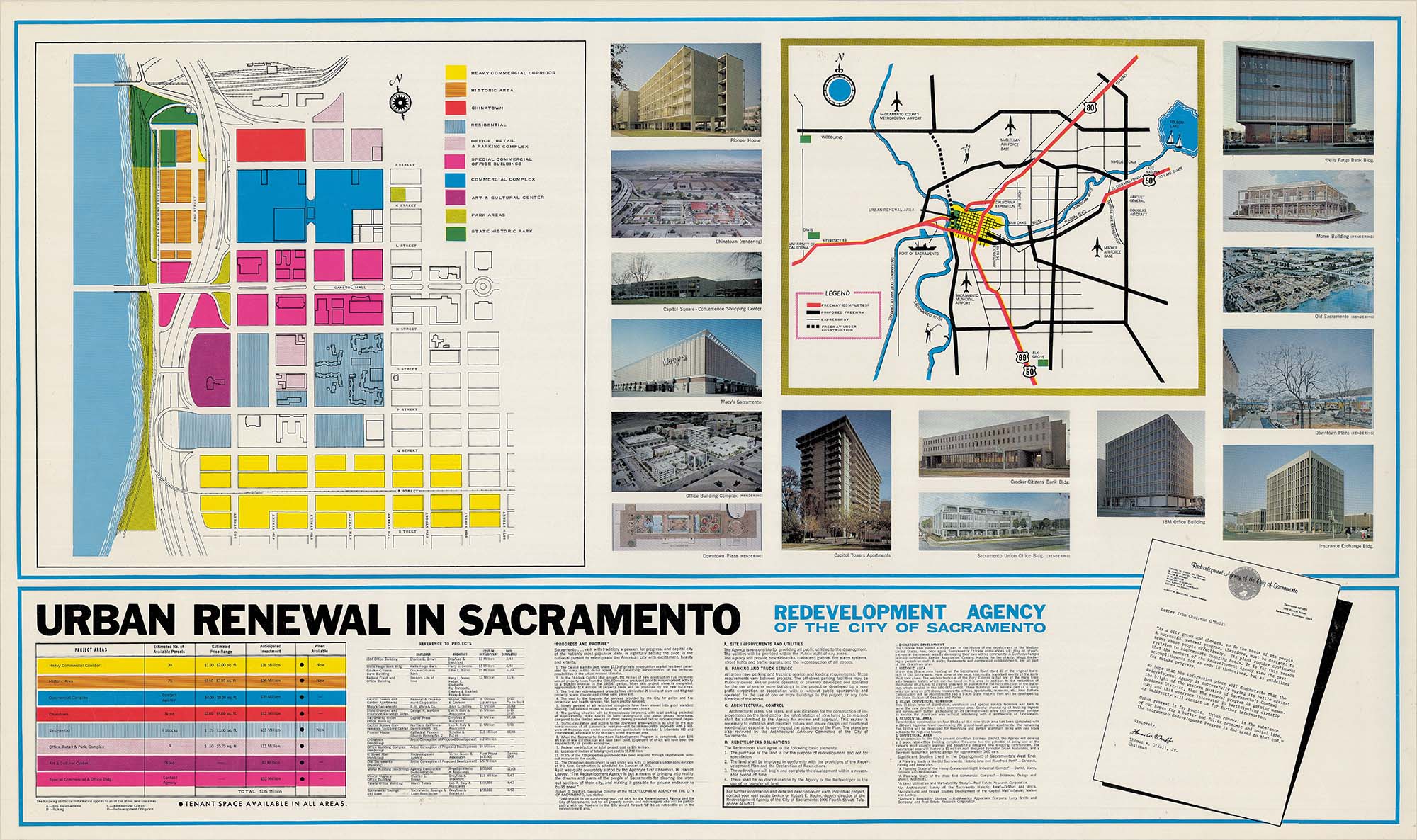 map showing downtown Sacramento, the Sacramento region and building renderings