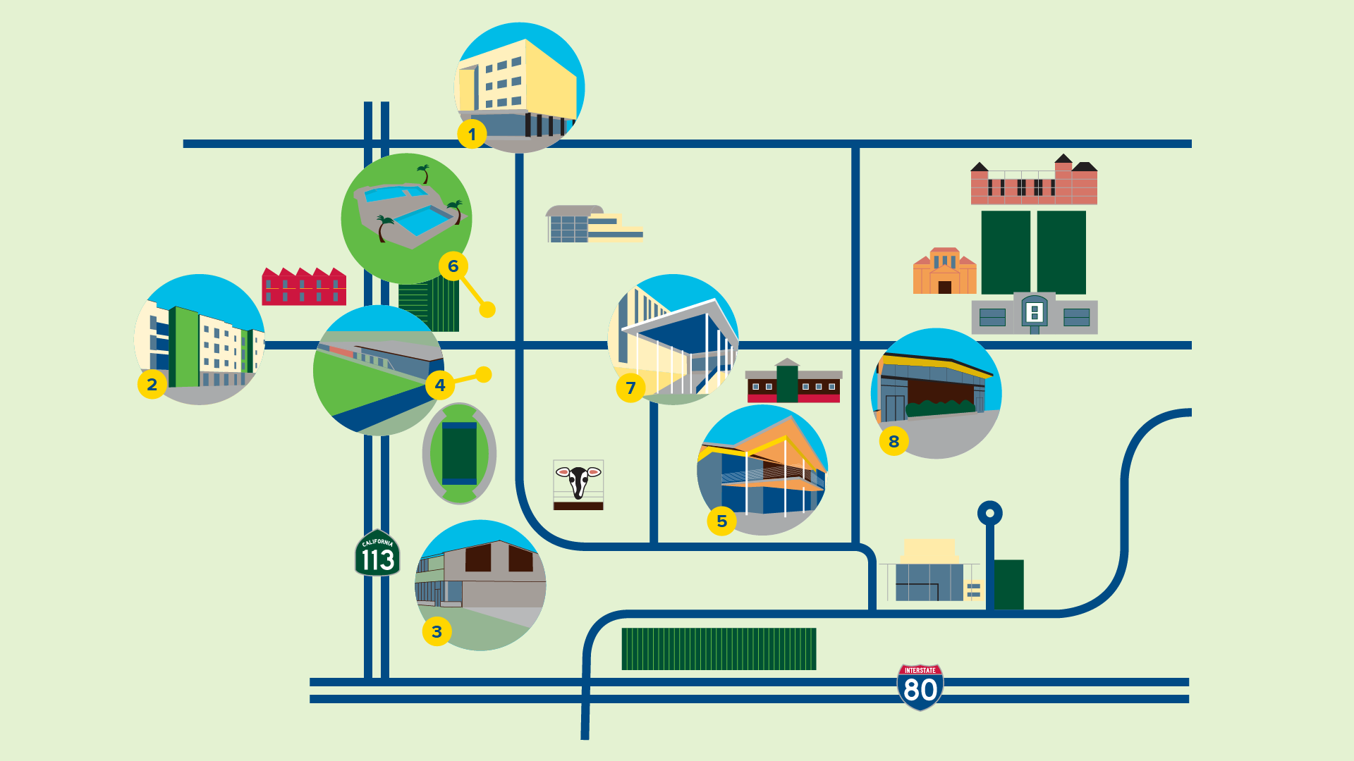 Stylized map of campus with building renderings