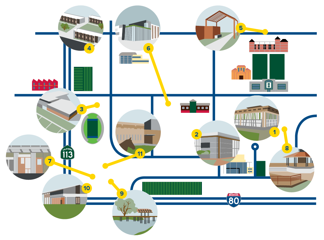 illustrated map showing locations of forthcoming buildings on UC Davis campus