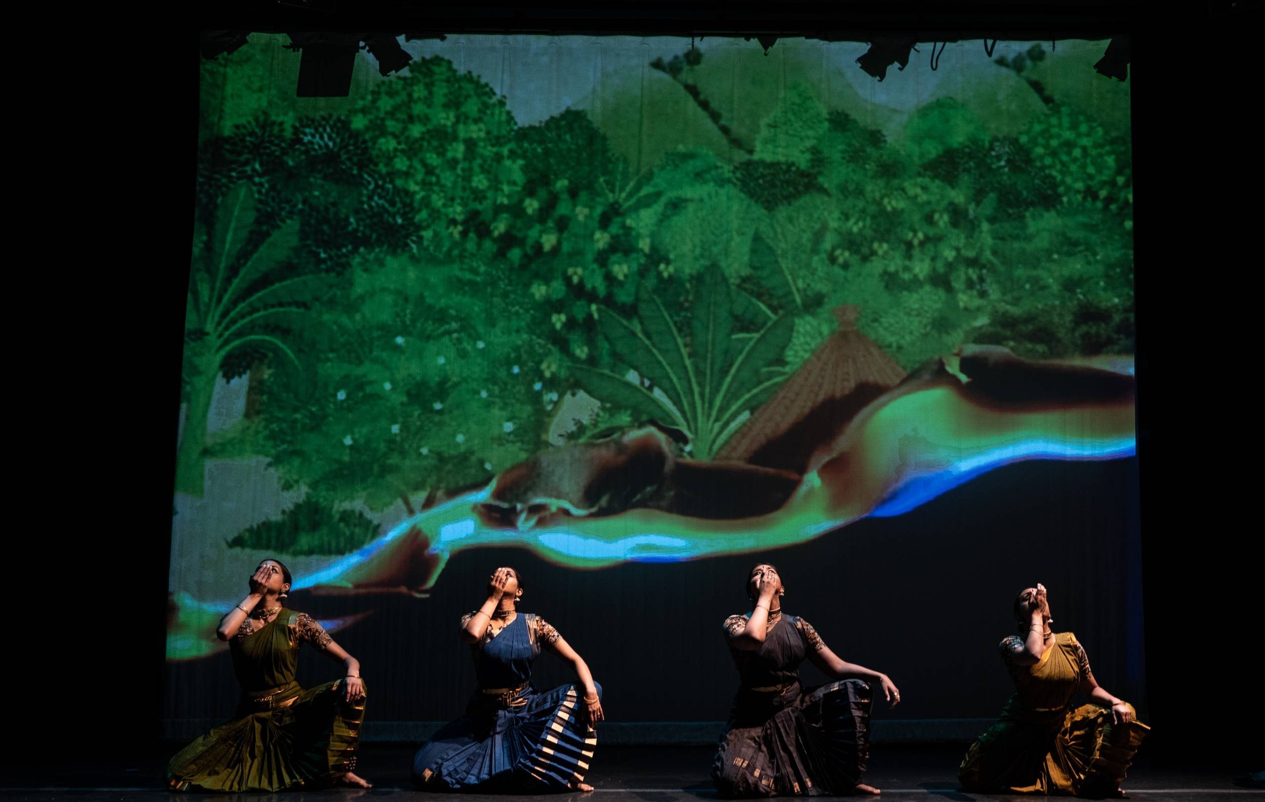 Nava Dance Theatre's Vertika Srivastava, Nitya Narasimhan, Shelley Garg, Lalli Venkat. Artwork by Rupy C. Tut. (Robbie Sweeny/photography)