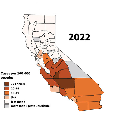 Map shows valley fever cases in California by county in 2022