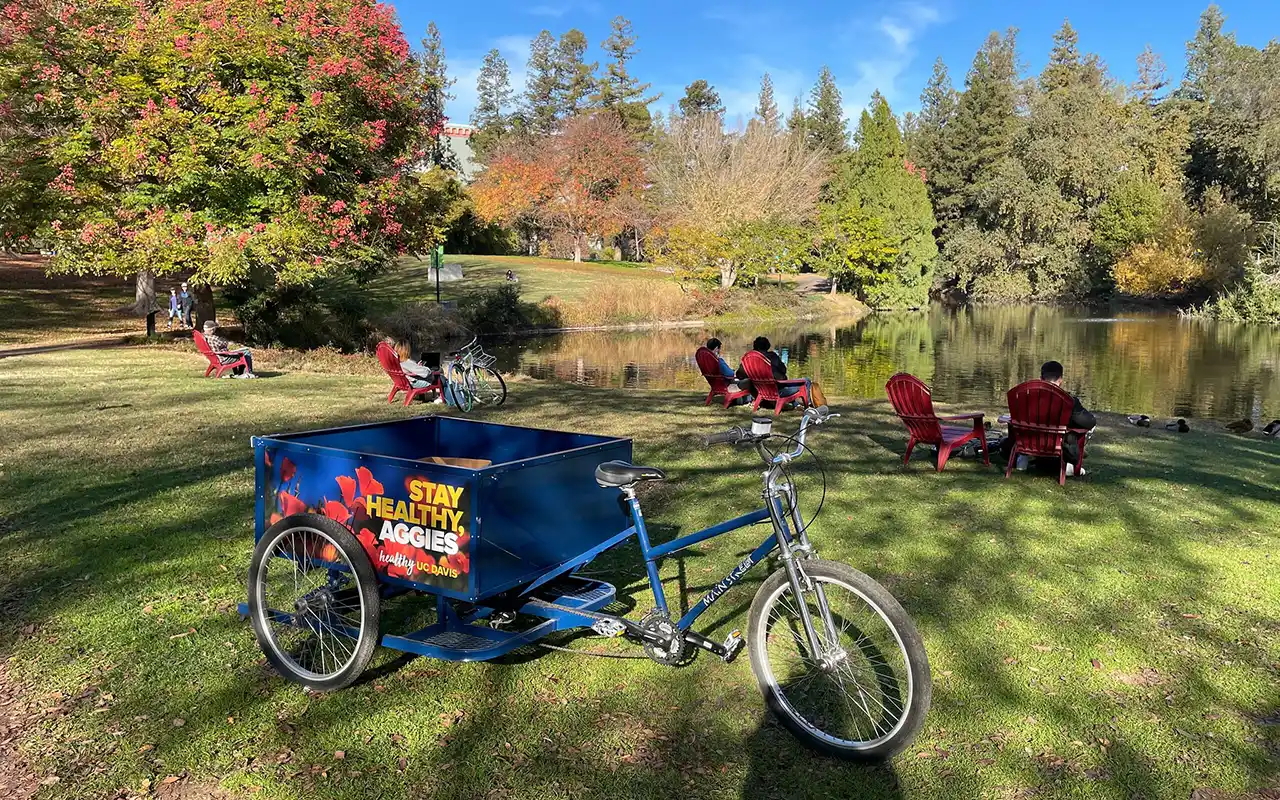 Blue cargo bike beside pond with red Adirondack chairs in autumn photo