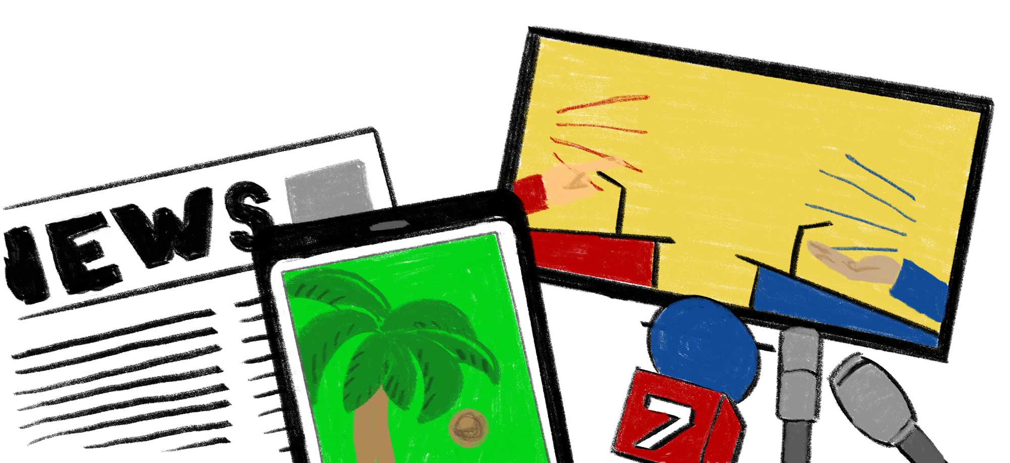 Illustration of several mass media components - a televised debate, newspaper front page, news conference microphones and a smartphone with a coconut tree meme.