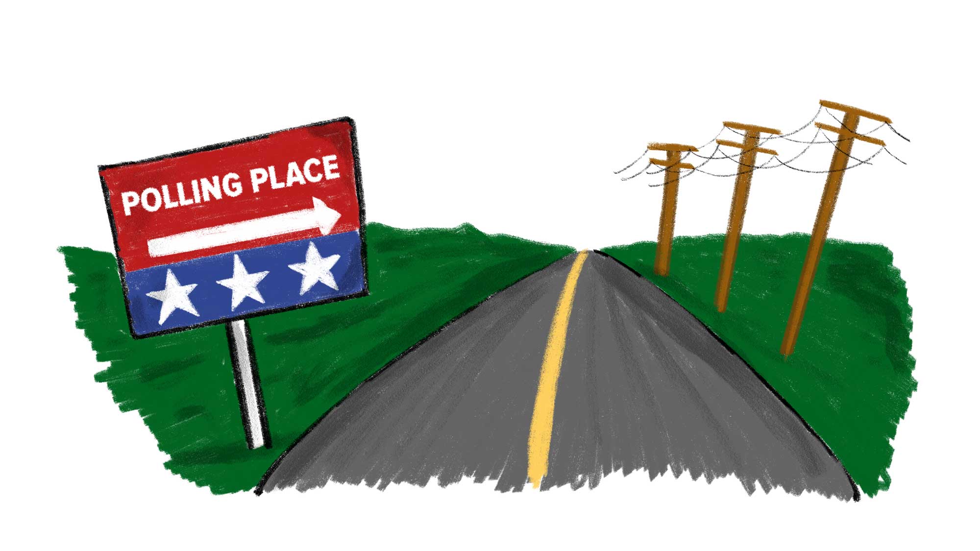 Illustration of a rural, two-lane road with telephone poles on one side and a polling place sign on the other.