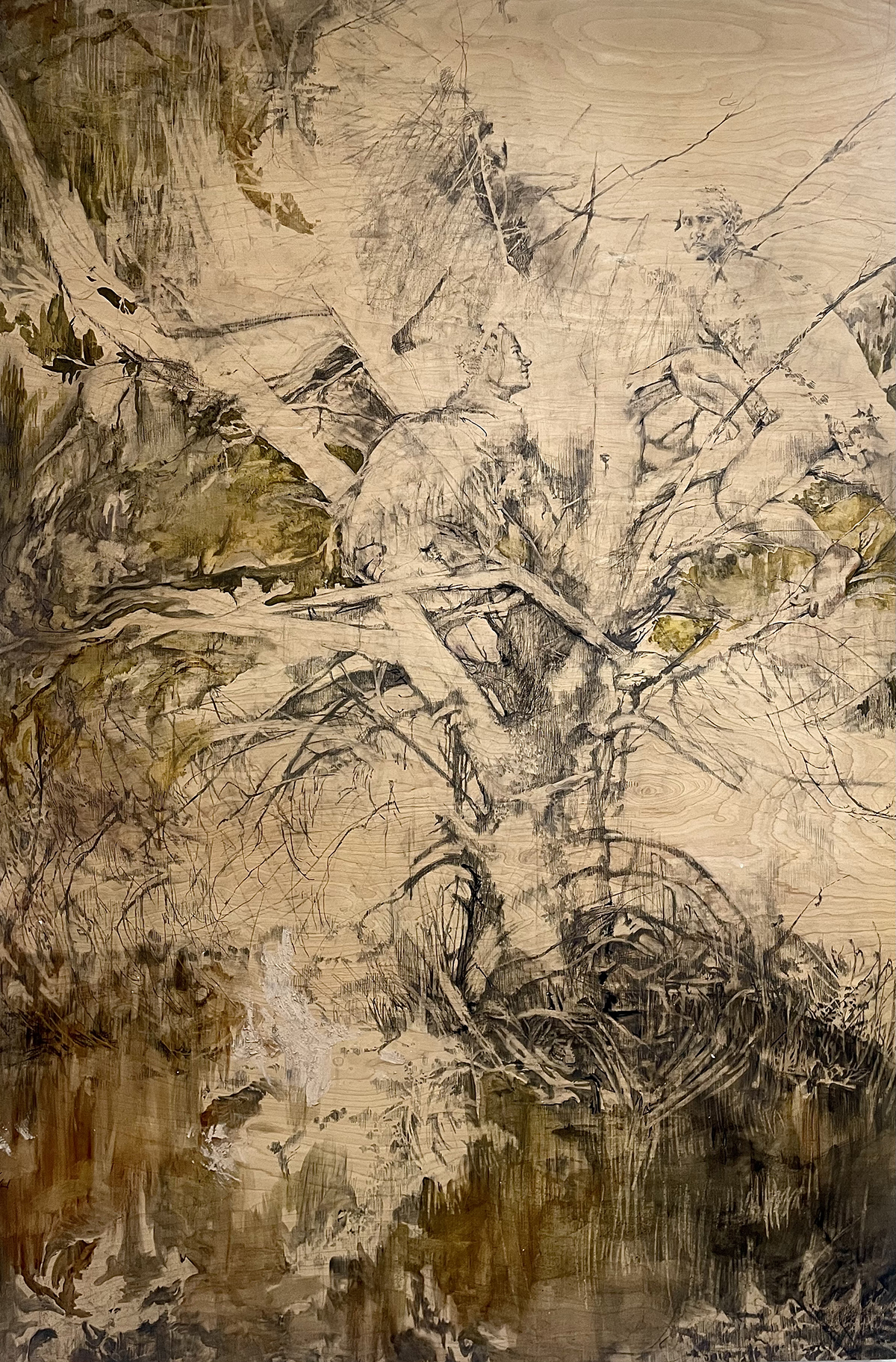 Abstract ink-and-earthtone painting of a gnarled tree with white branches and tangled roots