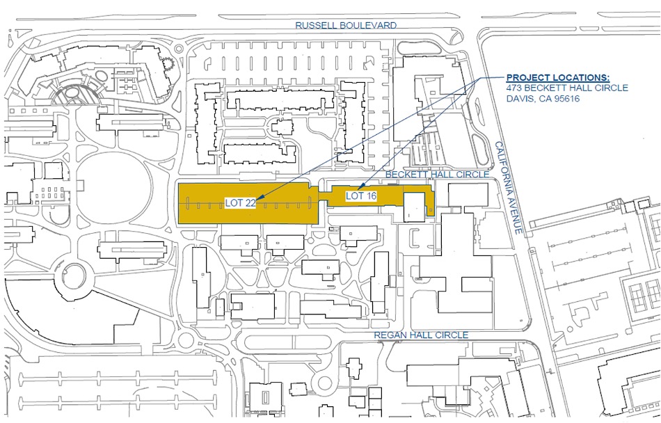 Map showing two parking areas highlighted in yellow that are the site of future student housing at UC Davis