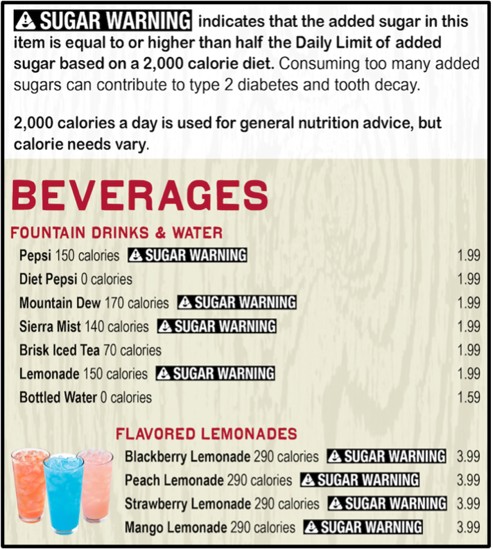 Menu graphic showing "A SUGAR WARNING" and calorie counts for fountain drinks and flavored lemonades.