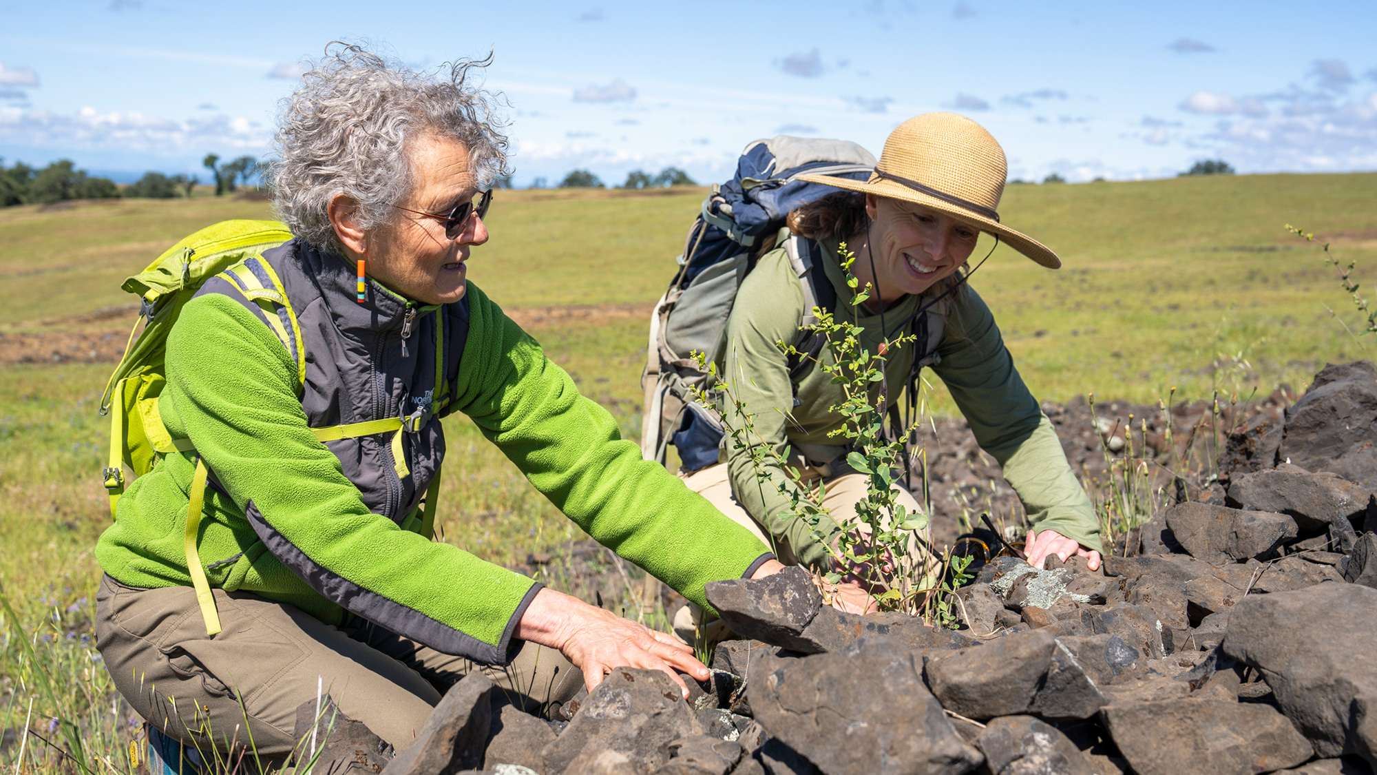 Two women in green jackets kneel at a dry-stone wall, by rocks in a sunny, grassy field.
