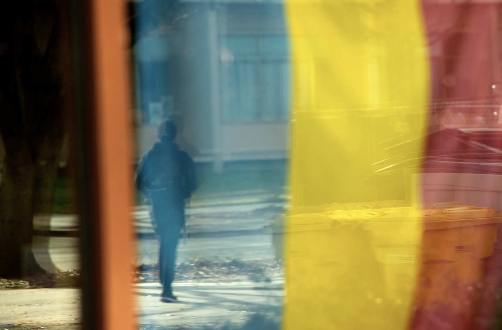 anthropology student walks through colorful flag at uc davis