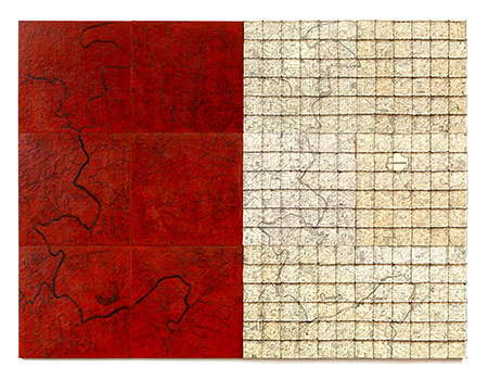 Old Homeplace, 2024. Rice paper, cloth, encaustic, hog rings on panels. 135 x 180 x 2 in.