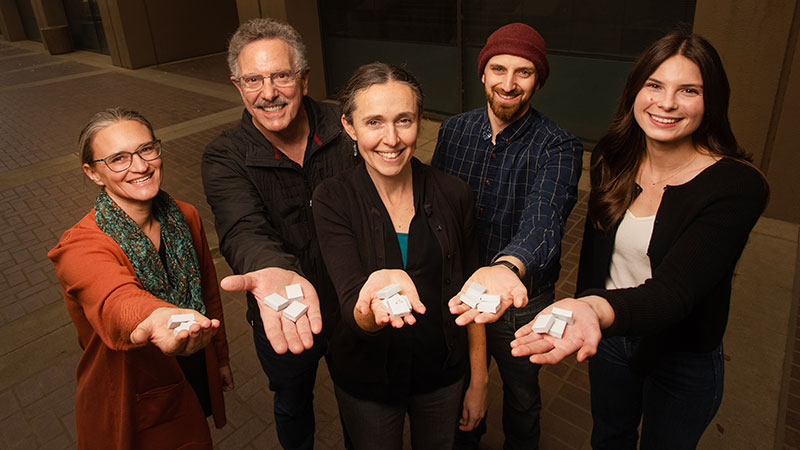 A group of five professors all hold out one hand toward the camera to show the bouillon cubes they're holding.