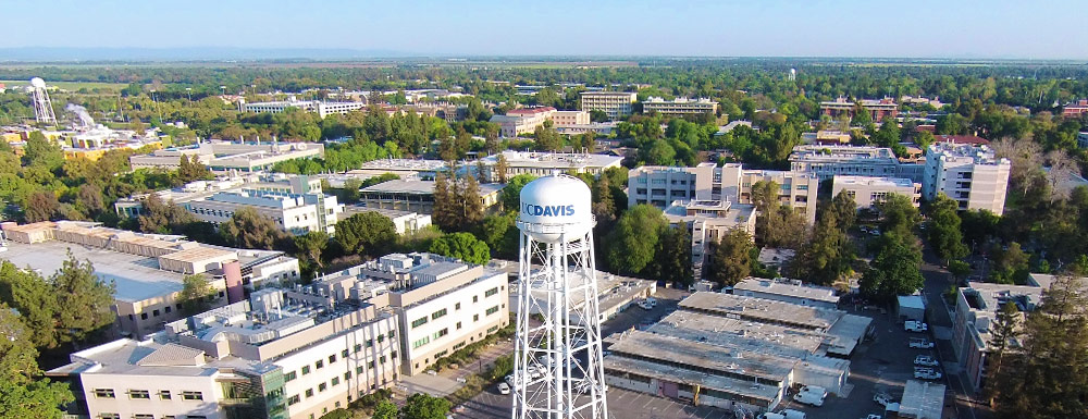 aerial view of campus with water tower in the center