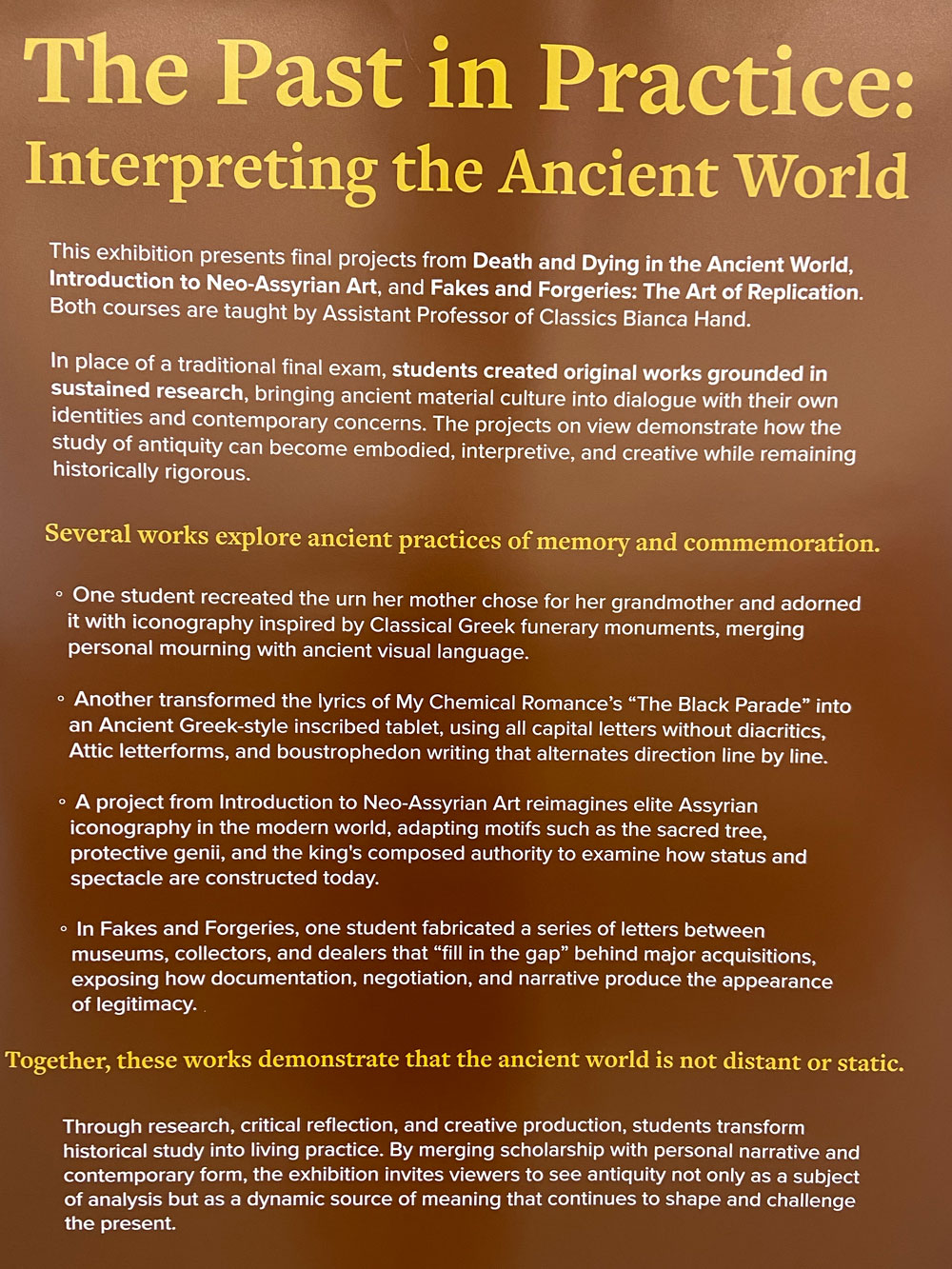 Green flyer with yellow header titled "The Past in Practice: Interpreting the Ancient World."