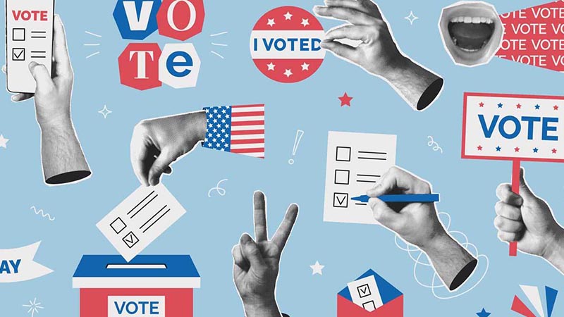 Voting-themed graphic with hands casting ballots, VOTE signs and ballot box