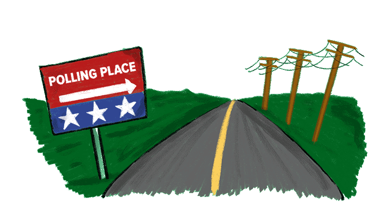 Illustration of a rural, two-lane road with telephone poles on one side and a polling place sign on the other.