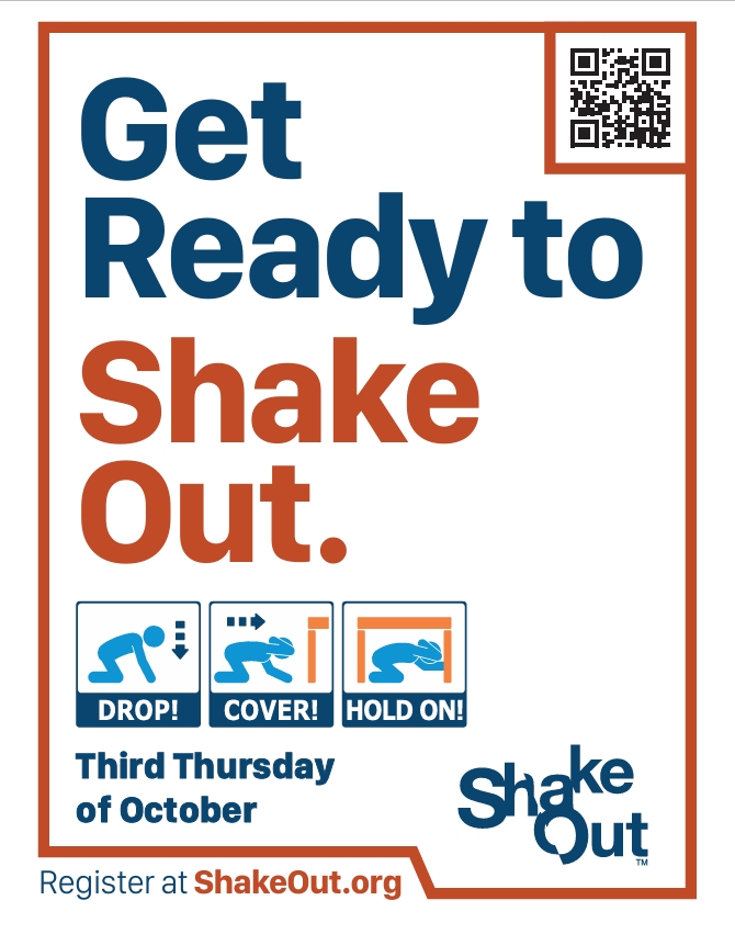 A poster with a red and white border. "Get Ready to" appears in dark blue, followed by "Shake Out." in large red text. A QR code is in the top right corner. Three icons show: a crouching figure labeled "DROP!", a figure under a surface labeled "COVER!", and a figure holding on labeled "HOLD ON!" Blue text at bottom reads "Third Thursday of October." The ShakeOut™ logo appears at the bottom right.