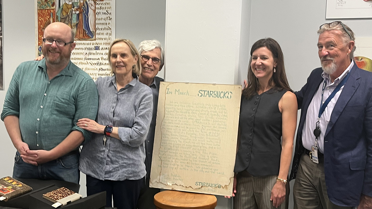 Standing around the Starbucks manifesto are William Ristenpart, Jane and Jerry Baldwin, Audrey Russek and William Garrity.