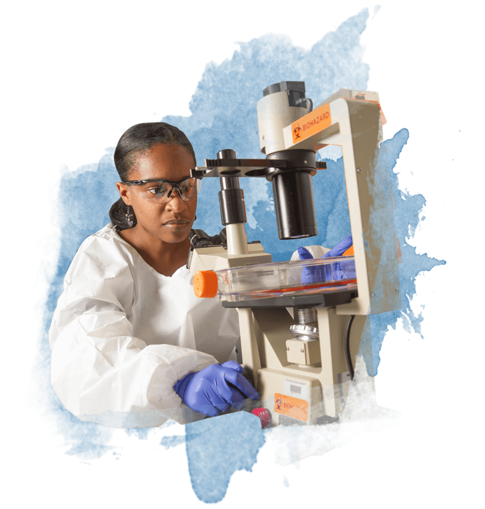 A female student setting up slides for a microscope