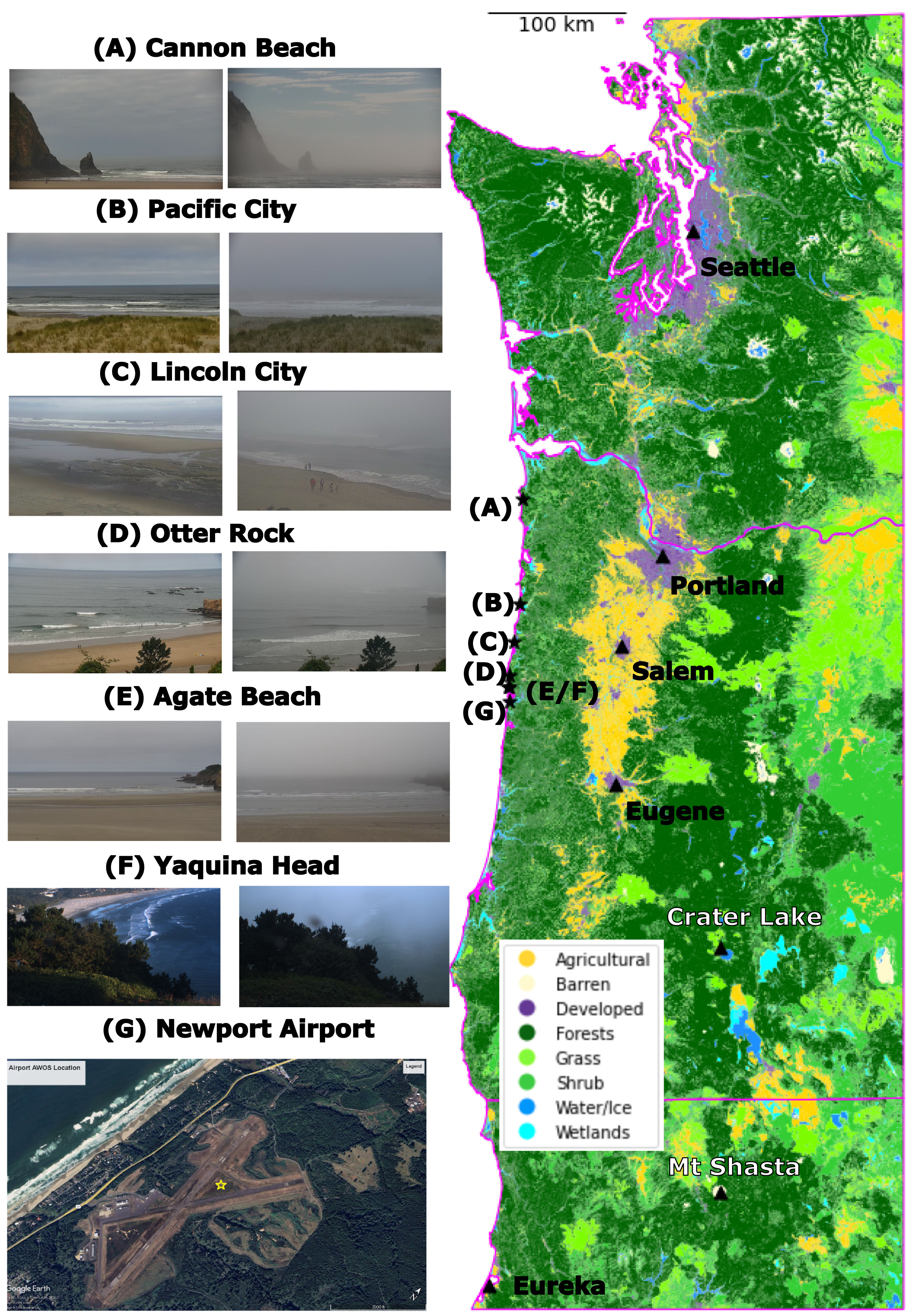 Colored landcover map of Oregon coast, labeled beach sites A–G and Newport Airport inset