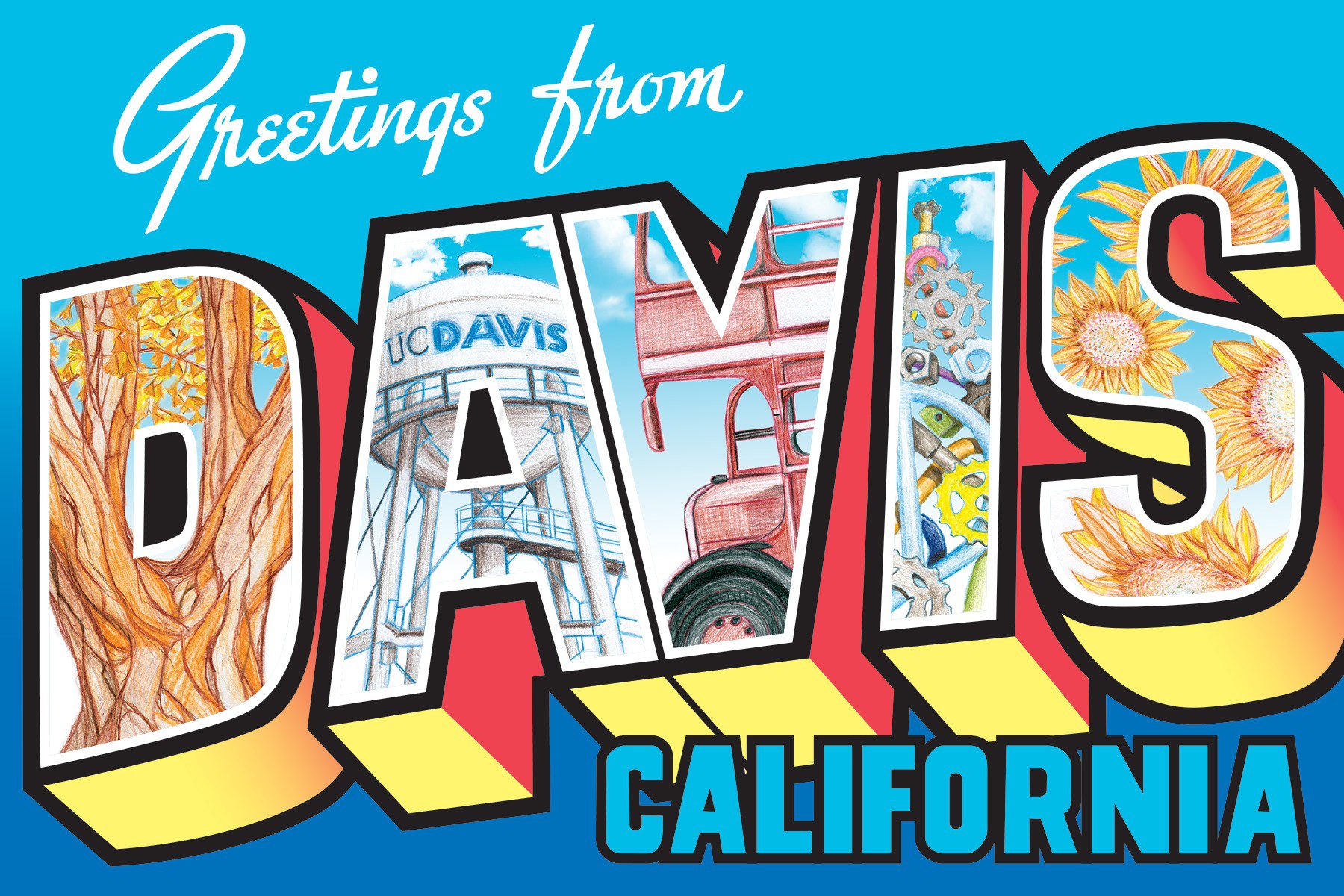 The Davis themed postcard on display, avaliable to take, at the UC Davis Shields Library