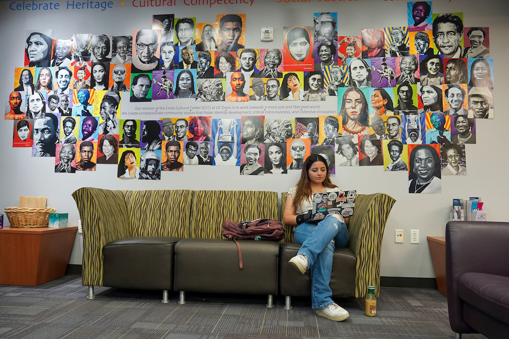 A student uses their laptop computer on a couch in front of a colorful mural at UC Davis. 