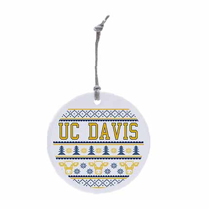 Ornament with UC Davis wordmark and sweater pattern