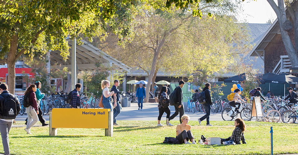 students walk outside the uc davis silo market