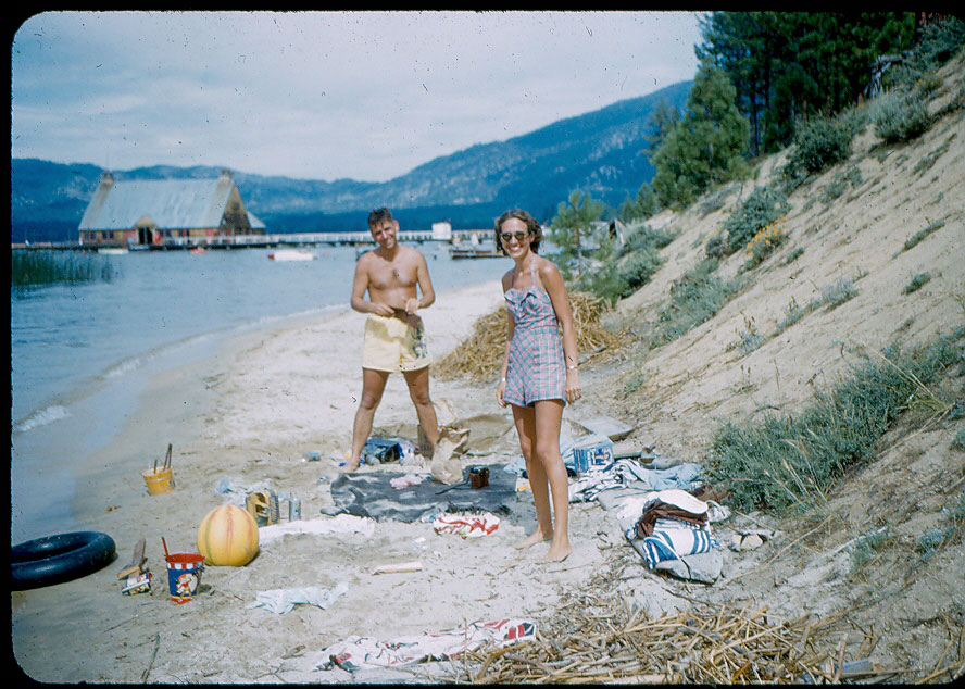  2 beachgoers, 1952, at Lake Tahoe
