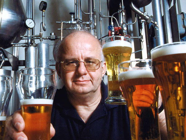 Charlie Bamforth amid glasses of beer