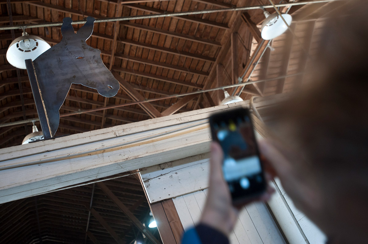 A woman photographs a silhouette of Action Jackson.