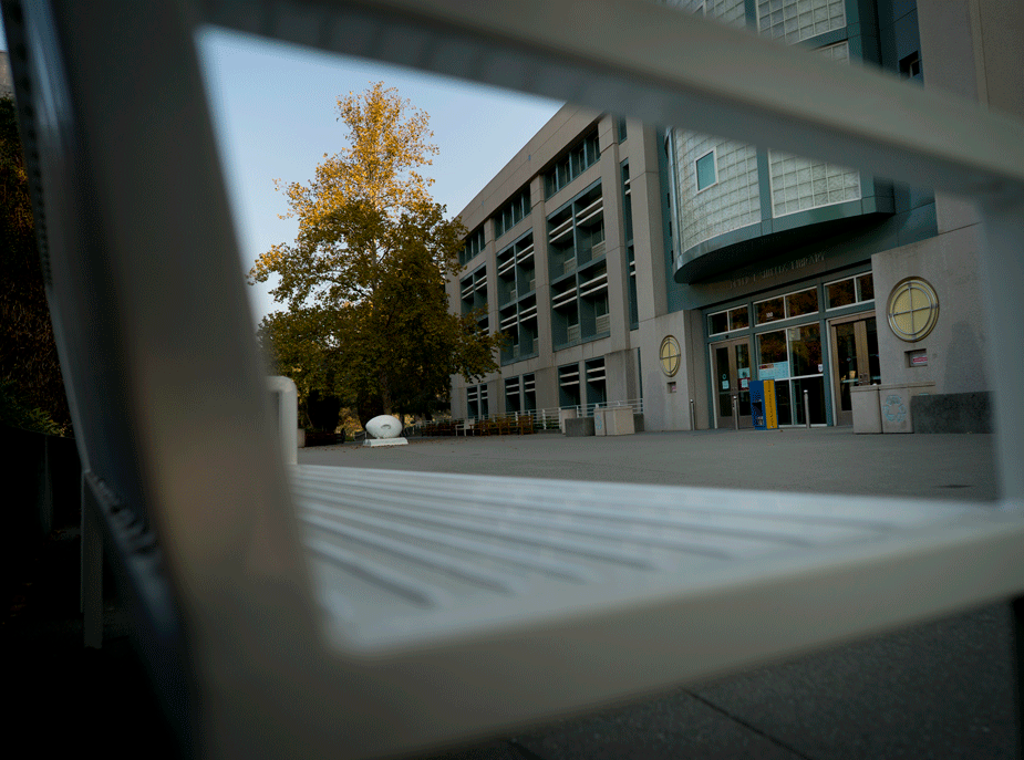 Front of Shields Library on closure day, no people