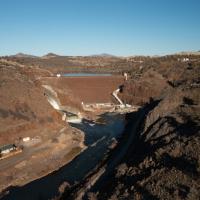 Aerial view above Iron Gate Dam on Klamath River in 2023