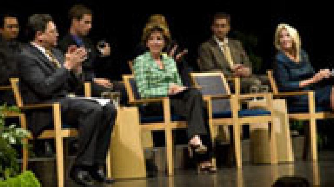 Chancellor Linda Katehi, wearing green, and members of the stage party at the 2009 Fall Convocation.