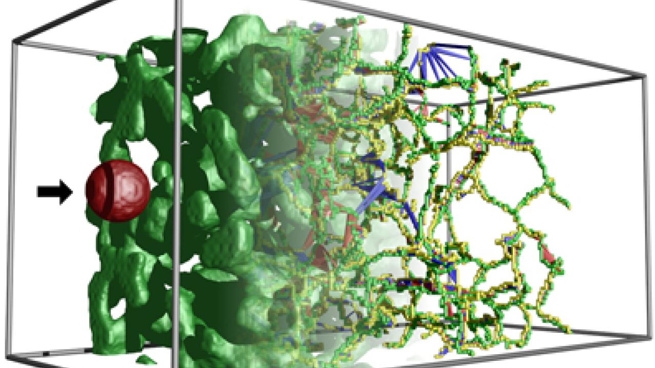 Graphic shows how the algorithm computes changes to an aerogel's structural integrity, upon being hit by a micrometeorite traveling at 10,000 mph.