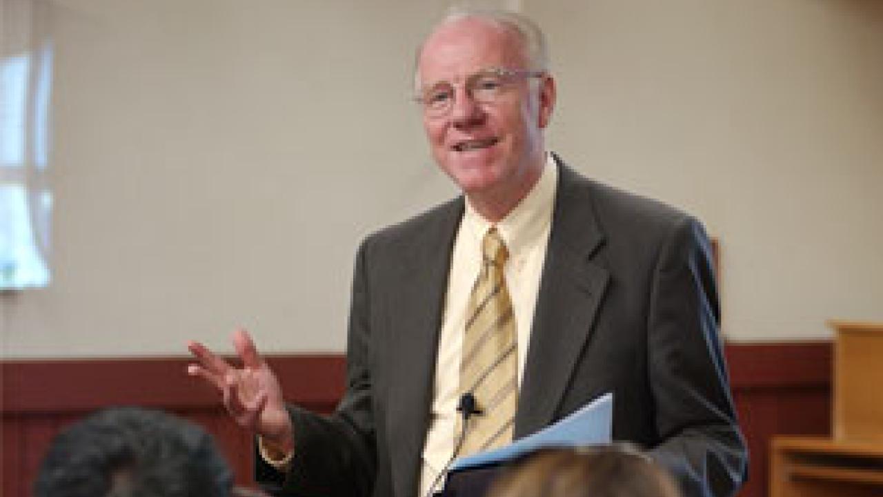 Chancellor Larry Vanderhoef talks with staff and faculty members Monday during a lunchtime brown bag session in the Silo. 
