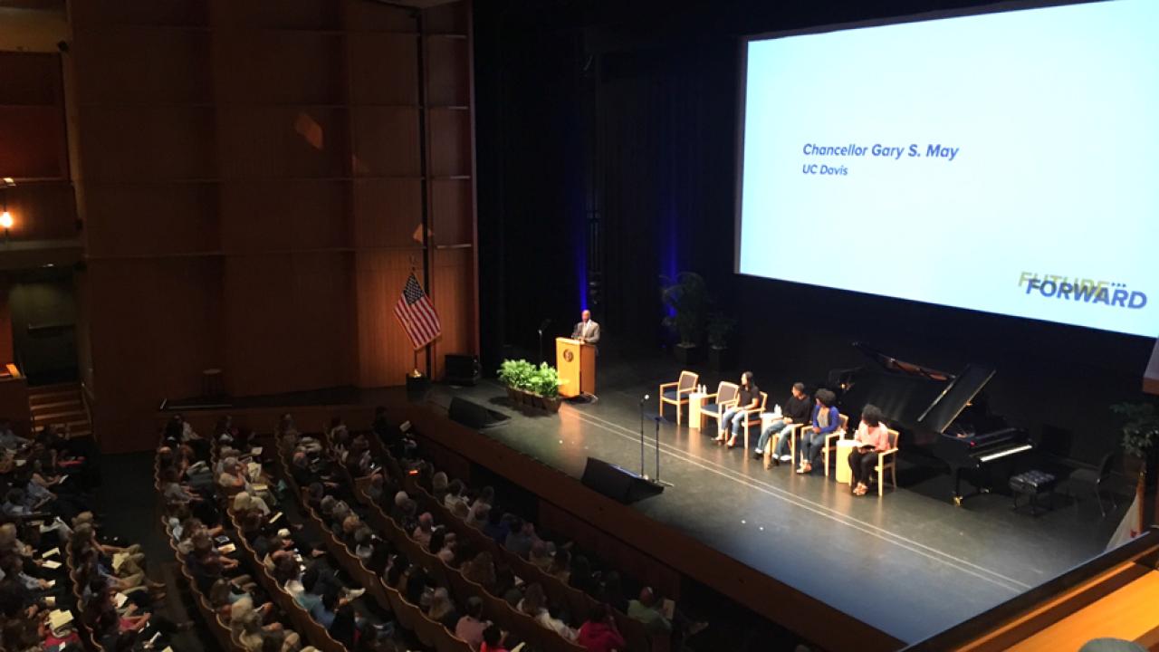 Chancellor May at podium, during Future Forward
