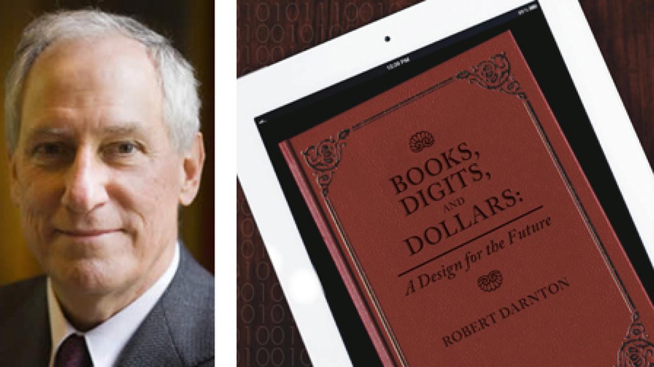 Photos (2): Darnton; and lecture title, on a book, on an iPhone