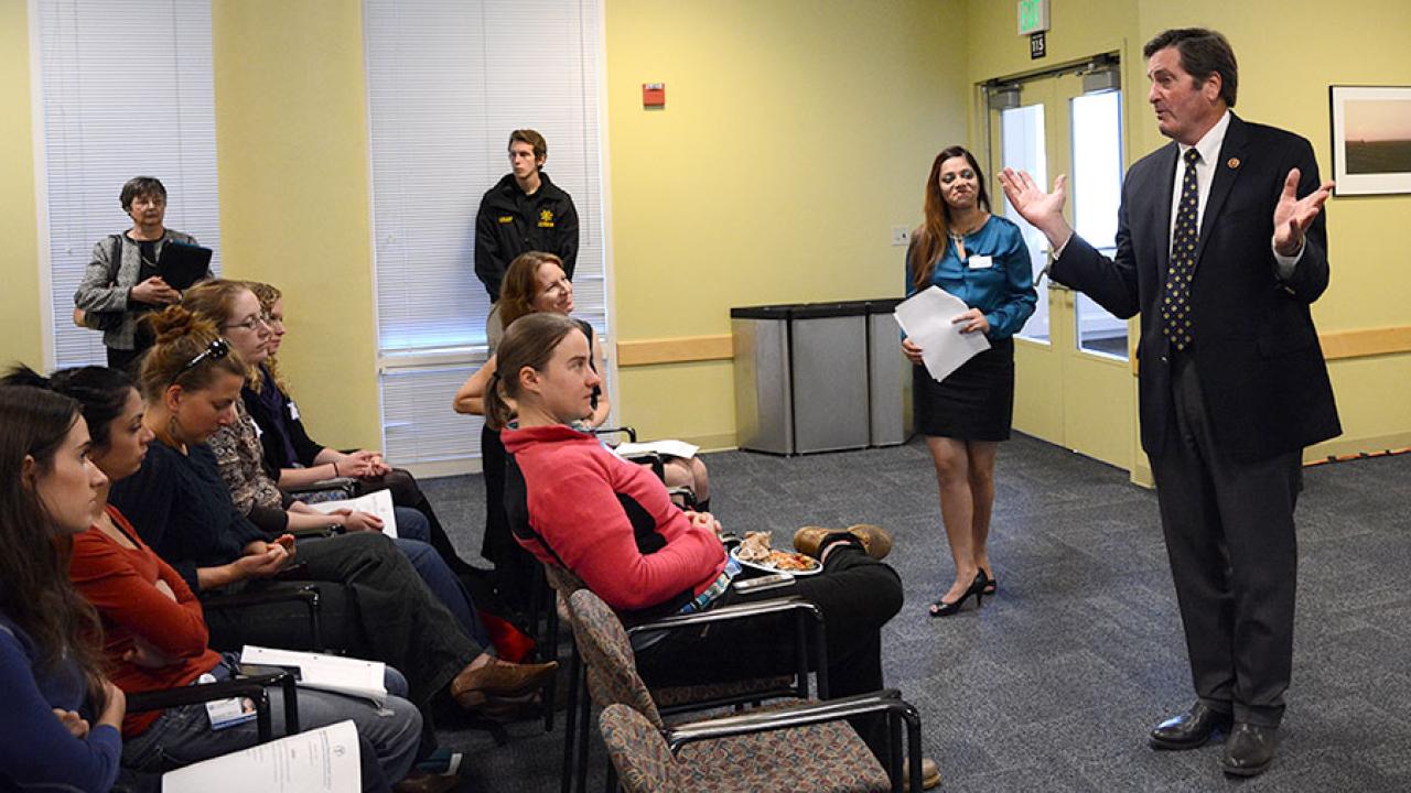 Photo: Graduate student Amandeep Kaur and Rep. John Garamendi at the first meeting of Emerging Leaders in Policy and Public Service