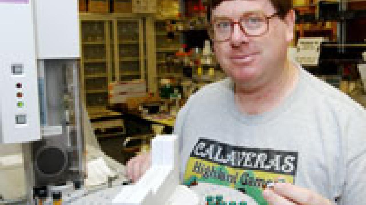 Jack Henderson works in his Meyer Hall lab, wearing a clue to his favorite pastime &Atilde; Scottish games. The Davis resident has a wife, Lisa, and a 5-year-old son, Robert.    
