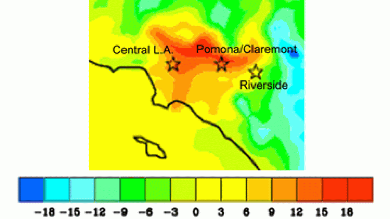 Graphic: Colored map of Central L.A. and Riverside, with colored scale below as a key.