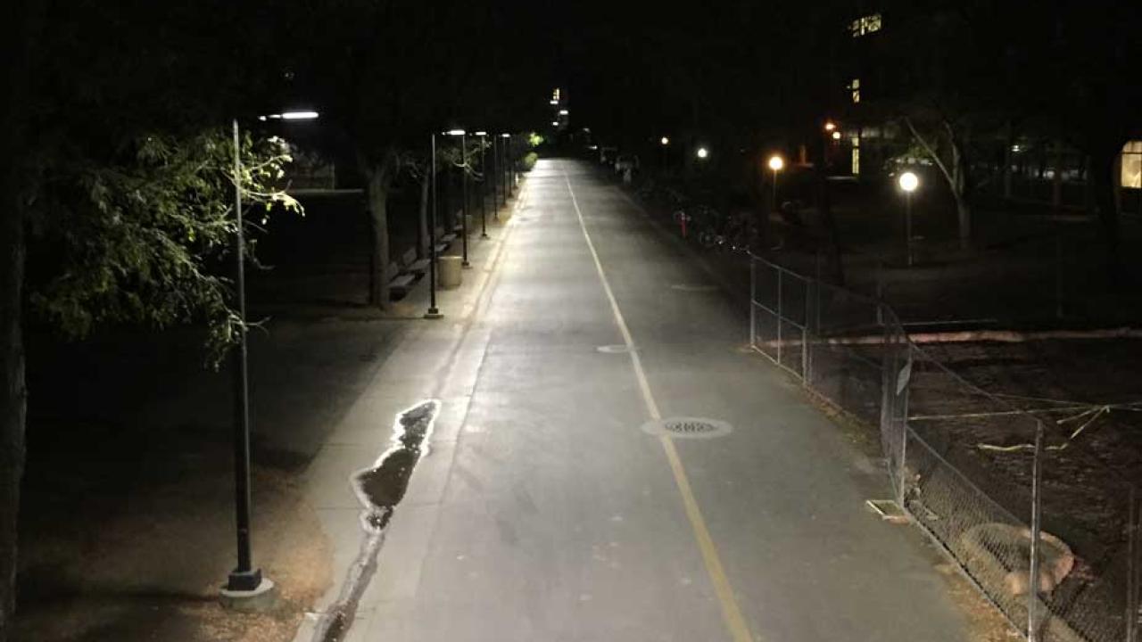 Photo: Storer Mall, with new lighting, at night.