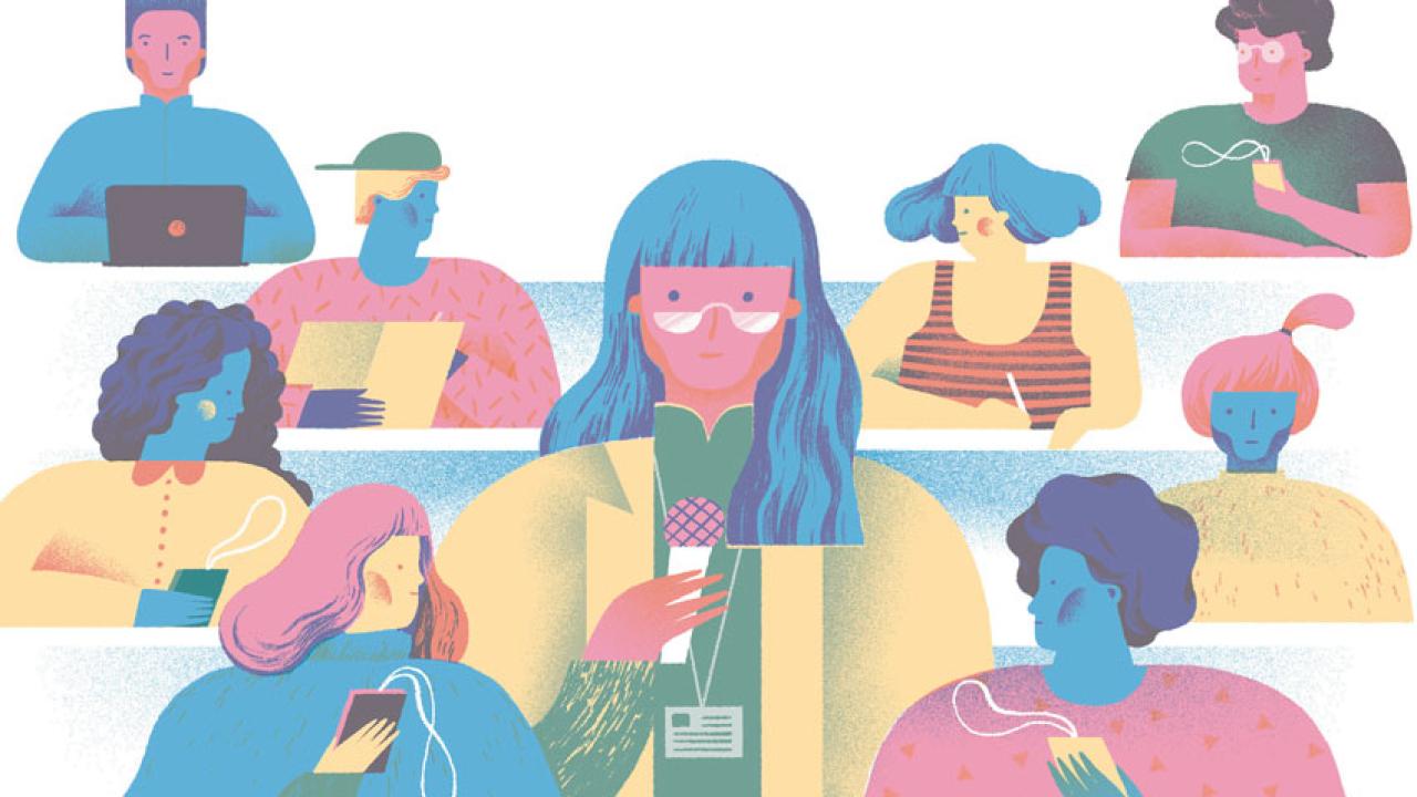 Drawing: Students with myriad devices