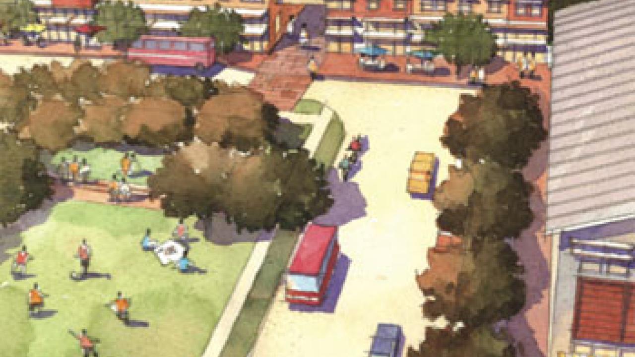 Drawing: buildings and park with street, people and cars