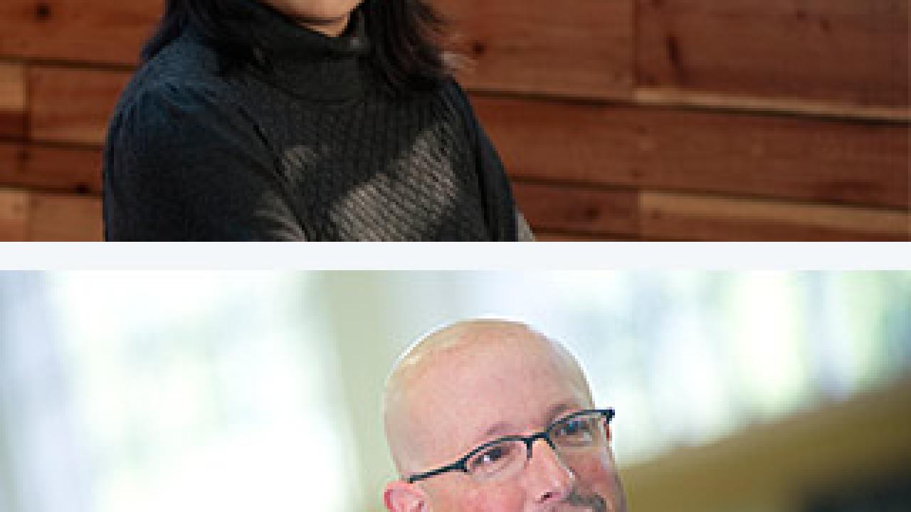 Two portraits, with woman in top photo and man in bottom