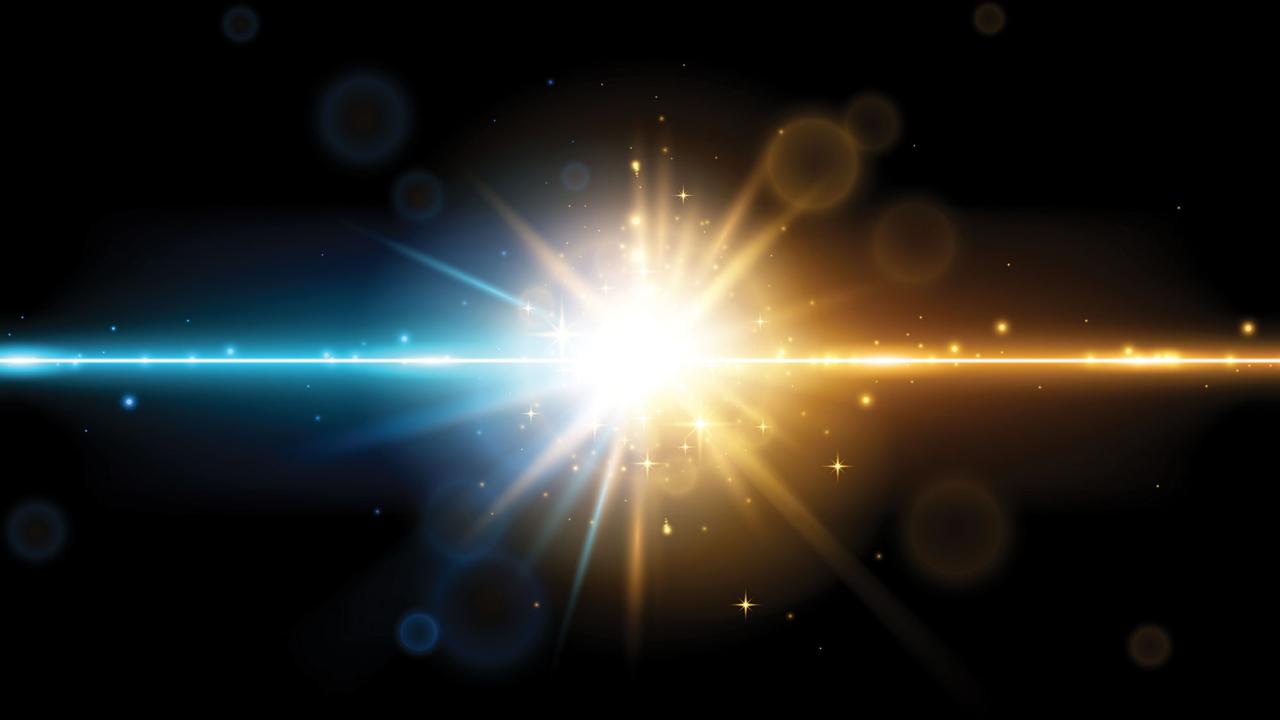 Photo illustration of outer space, where a blue beam of light from the left and a golden beam of light from the right, meet in the center and create an explosion of light.