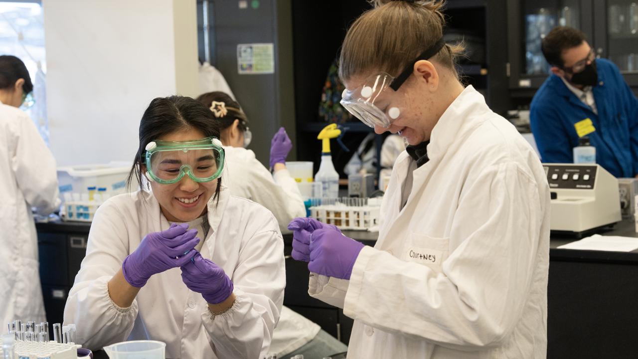 Two students in white lab coats, safety goggles and gloves work with small tubes