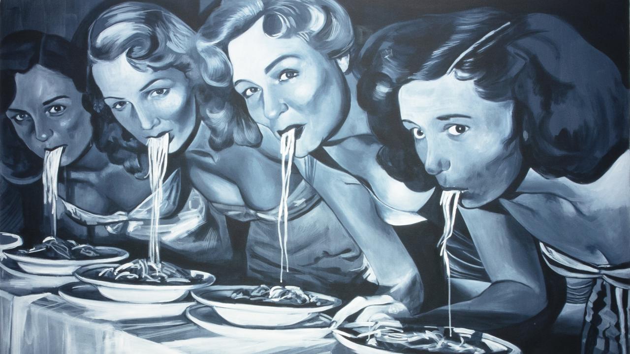 Artist's depiction of women sitting in a row eating pasta 