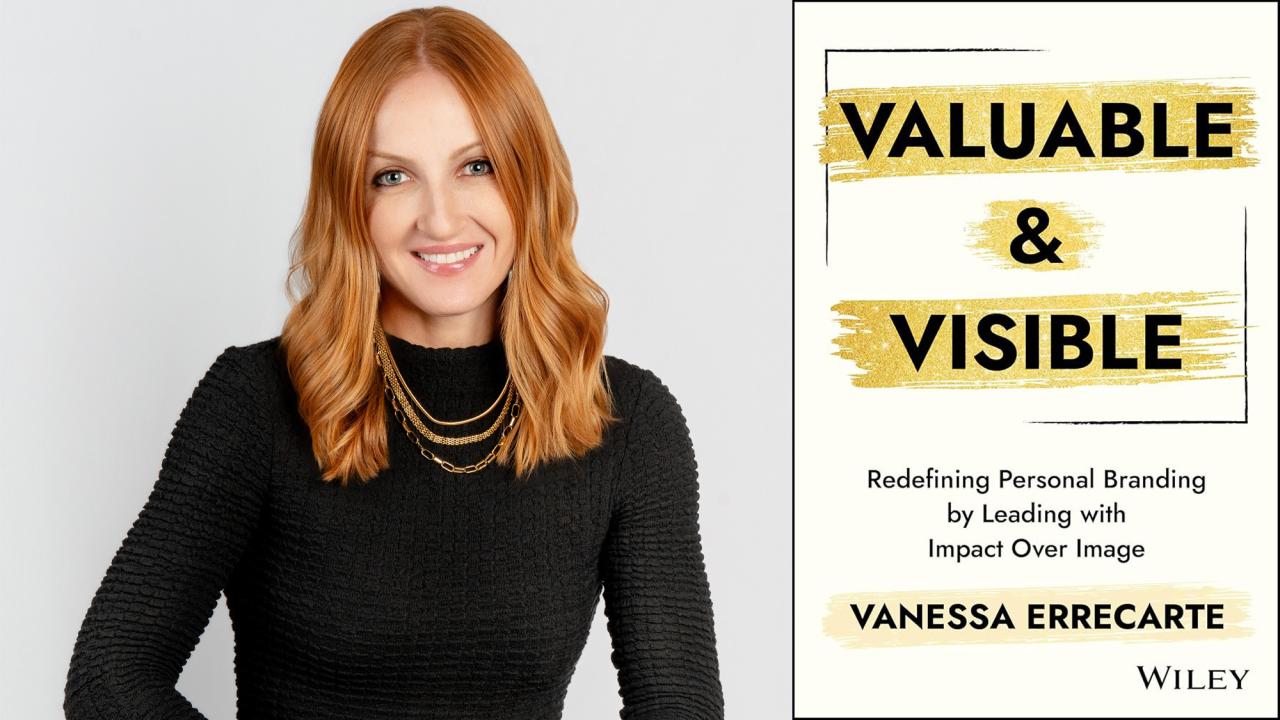 Smiling red-haired woman beside a graphic book cover reading "Valuable and Visible"