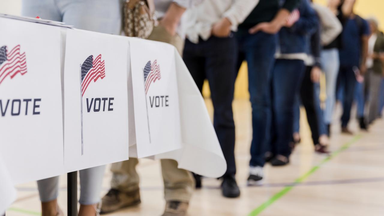 Voters queued at polling booths behind white privacy screens displaying 'VOTE' and small US flags. (Getty)