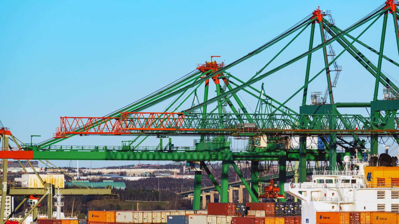 container port against blue sky